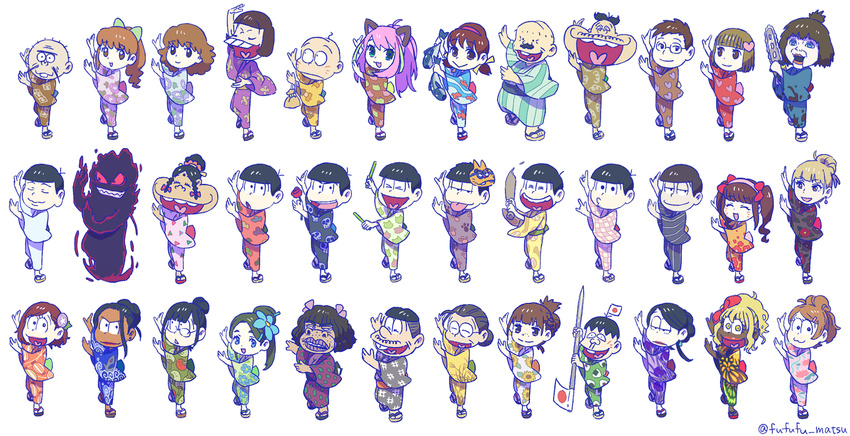 &gt;_&lt; 6+girls :3 :d :p \m/ ^_^ adapted_costume ahoge aida_(osomatsu-san) akumatsu alternate_hairstyle animal_ears animal_print aqua_eyes arm_up atsushi_(osomatsu-san) bald bangs baseball_bat black_hair blonde_hair blue_eyes blue_flower blunt_bangs bob_cut bow bowl_cut braid brothers brown_hair buck_teeth camellia cat_ears cat_print chainsaw character_mask chibi chibimi chibita choroko_(osomatsu-san) closed_eyes closed_mouth dancing dark_skin dayoon dayoon_girl dekapan dobusu_(osomatsu-san) dual_wielding esper_nyanko everyone facial_hair fake_animal_ears fireworks_print fish fish_print fleur_de_lis floral_print flower flower_fairy_(osomatsu-kun) folded_ponytail funuyu genderswap geta glasses glasses_boy_(osomatsu-san) glowstick grey_hair grin hair_bow hair_bun hair_flower hair_ornament hairband hairclip hashimoto_nyaa hatabou head_flag heart heart_hair_ornament heart_in_mouth highres hijirisawa_shonosuke holding holding_fish holding_flower holding_weapon husband_and_wife hydrangea ichiko_(osomatsu-san) iyami iyayo japanese_clothes jigusou jitome juushiko_(osomatsu-san) juushimatsu's_girlfriend kamimatsu karako_(osomatsu-san) kimono kinchaku laughing long_hair looking_at_another looking_at_viewer looking_to_the_side low_twintails mask mask_on_head matsuno_choromatsu matsuno_ichimatsu matsuno_juushimatsu matsuno_karamatsu matsuno_matsuyo matsuno_matsuzou matsuno_osomatsu matsuno_todomatsu motion_blur multiple_boys multiple_girls mustache no_socks obi object_on_head open_mouth osoko_(osomatsu-san) osomatsu-kun osomatsu-san outstretched_arms pale_skin paw_print polka_dot ponytail pouch print_kimono red_bow red_flower red_lips red_rose red_sclera rose sachiko_(osomatsu-san) sash sextuplets sheeeh! short-haired_girl_(osomatsu-san) short_hair short_twintails siblings sidelocks simple_background skull_print smile smirk striped summer_festival sunflower_print swinging todoko_(osomatsu-san) tongue tongue_out triangle_mouth twin_braids twintails twitter_username variations wavy_hair weapon whisker_markings white_background yowai_totoko yukata