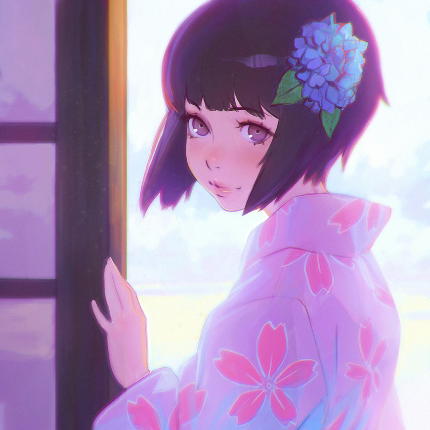 bangs black_hair blue_flower blunt_bangs brown_eyes flower hair_flower hair_ornament hydrangea ilya_kuvshinov japanese_clothes kimono original short_hair solo upper_body yukata