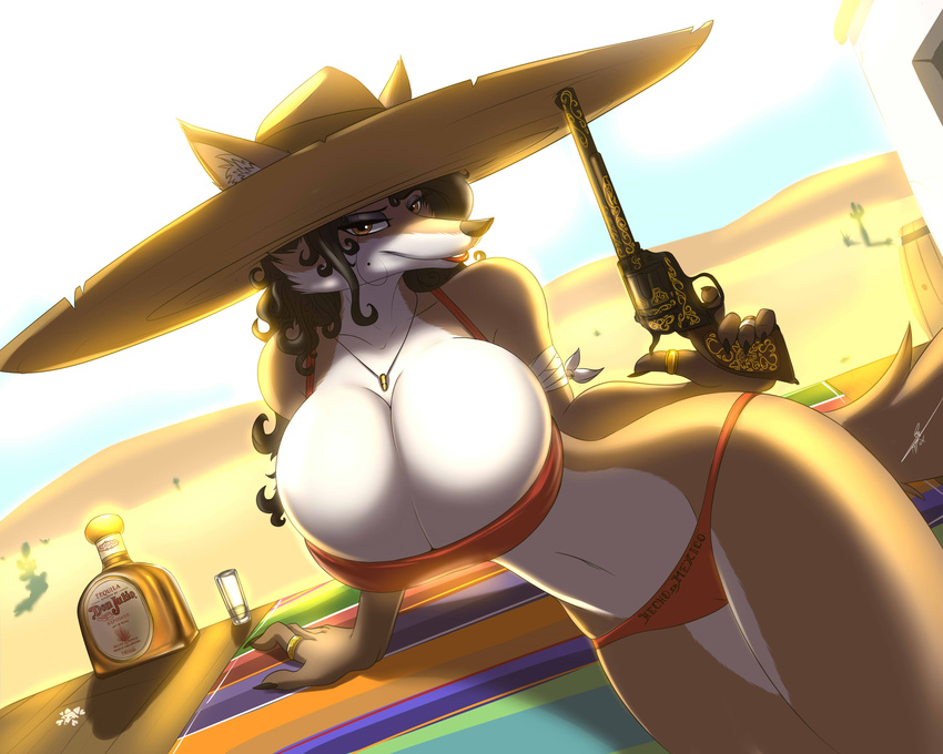 2016 anthro bandage beauty_mark big_breasts bikini black_hair breasts brown_eyes camel_toe canine clothing coyote desert female gold_(metal) gun hair handgun hat hi_res huge_breasts jewelry lipstick lying mammal metalfoxxx necklace pose ranged_weapon revolver solo swimsuit tequila thick_bottom_lip weapon