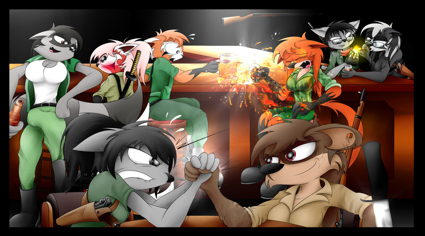 alcohol anthro arm-wrestle badger bar beer beverage canine car cat cigar claudia feline fox gonein10seconds gun katana knife mammal melee_weapon mustelid pub raccoon ranged_weapon redpanda riley roza saya shelby smoking soldier sword sylvia van vanessa vehicle weapon