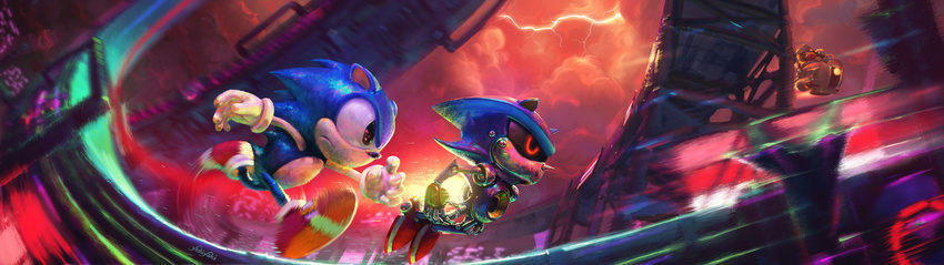 battle cassio_yoshiyaki cloud cloudy_sky dr._eggman epic furry gameplay_mechanics highres lightning metal_sonic motion_blur racing realistic robot running sega shoes signature sky sneakers sonic sonic_cd sonic_the_hedgehog video_game