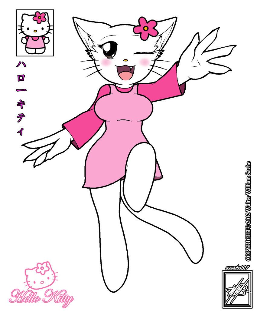 2012 alpha_channel anthro big_eyes blinking blush cat cute eyelashes feline female fur hello_kitty japanese_text logo looking_at_viewer mammal open_mouth pink_dress pink_flower pose sanrio sharp_teeth signature simple_background smile teeth text tongue transparent_background walter_sache white_fur