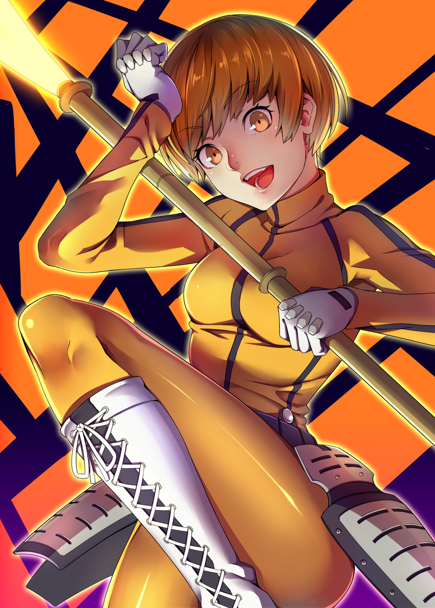 absurdres brown_hair cosplay highres looking_at_viewer pantyhose persona persona_4 polearm satonaka_chie short_hair smile solo spear tomoe_(persona_4) tomoe_(persona_4)_(cosplay) weapon yuuten