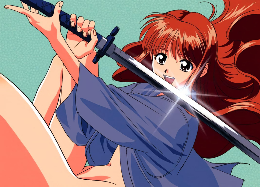 asuka_(viper) brown_hair holding katana katsura_ken'ichirou long_hair long_sleeves naked_robe official_art open_mouth solo sword viper viper_ctr weapon