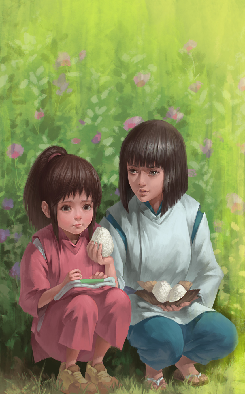 1girl alternate_hair_color bangs black_hair blunt_bangs brown_eyes brown_hair bush child closed_mouth dannis day flower food frown full_body giving grass green_eyes hair_tie hakama hakama_pants haku_(sen_to_chihiro_no_kamikakushi) hands_on_lap high_ponytail highres holding holding_food japanese_clothes legs_together lips nature nose ogino_chihiro onigiri outdoors parted_lips plant ponytail realistic red_hakama rice sad sandals sen_to_chihiro_no_kamikakushi shoes side-by-side sneakers squatting younger