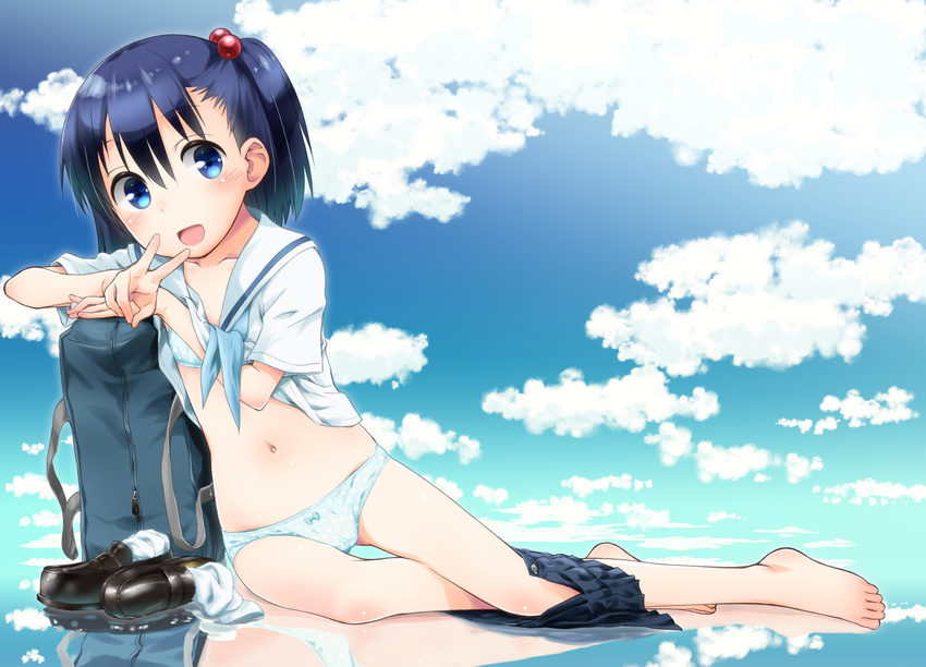 bare_legs barefoot blue_bra blue_eyes blue_hair blue_panties blue_sky blush bow bow_panties bra cloud commentary_request day flat_chest hair_bobbles hair_ornament kokekokko_coma loafers looking_at_viewer navel ooya-san_wa_shishunki open_mouth outdoors panties polka_dot polka_dot_bra polka_dot_panties satonaka_chie_(ooya-san_wa_shishunki) school_uniform serafuku shirt_lift shoes shoes_removed short_hair short_sleeves side_ponytail sitting skirt sky smile solo thigh_gap underwear v