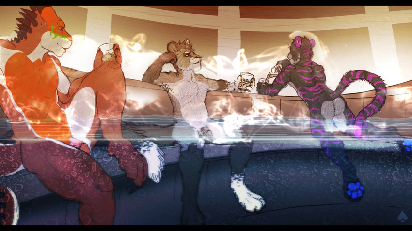 2015 alcohol anthro argonian armpits beverage black_fur blue_pawpads brown_fur claws fek fek_(character) feline flaccid fur hot_tub humanoid_penis leopard male mammal mestiso_(character) multicolored_fur orange_scales partially_submerged pawpads penis pouring purple_fur rear_view scales scalie snow_leopard the_elder_scrolls tiger toe_claws victor video_games white_fur white_scales