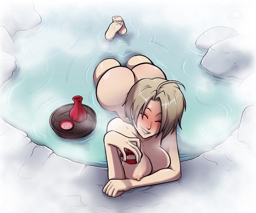 ^_^ ahoge ass blush bottle breasts brown_hair cleavage closed_eyes commentary cup drunk full-face_blush grin highres konno_mitsune large_breasts love_hina nipple_slip nipples nude onsen partially_submerged sakazuki short_hair smile soles solo sparrow_(artist) tokkuri