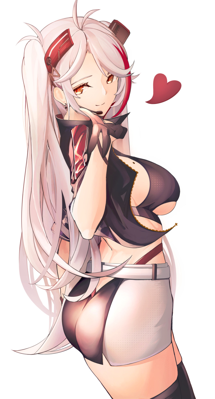 1girl ass azur_lane belt black_skirt breasts clothing_cutout cropped_shirt earpiece earrings from_side gloves half_gloves headgear heart highres jacket jewelry large_breasts long_hair microskirt midriff mole mole_on_breast multicolored_hair official_alternate_costume open_clothes open_jacket panties panty_straps prinz_eugen_(azur_lane) prinz_eugen_(final_lap)_(azur_lane) purple_jacket race_queen red_hair red_panties simple_background skirt solo standing streaked_hair thighhighs two-tone_hair two-tone_skirt underboob underboob_cutout underwear very_long_hair white_background white_belt white_hair white_skirt yellow_eyes yusha_m zettai_ryouiki