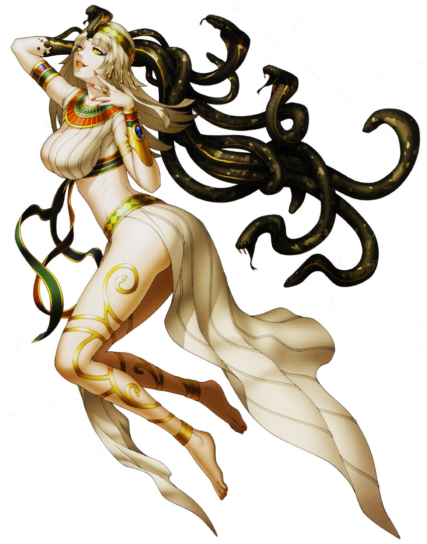 anklet barefoot blonde_hair bracelet breasts cleopatra_(megami_tensei) cobra_(animal) commentary doi_masayuki egyptian egyptian_clothes fangs gold grin highres jewelry large_breasts long_hair looking_at_viewer midriff nail_polish official_art revealing_clothes ring scales shin_megami_tensei shin_megami_tensei_iv shin_megami_tensei_iv_final smile snake solo uraeus yellow_eyes yellow_sclera