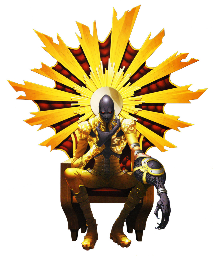 black_skin claws commentary doi_masayuki evil_grin evil_smile glowing glowing_eyes gold grin highres lucifer_(shin_megami_tensei) official_art red_eyes shin_megami_tensei shin_megami_tensei_iv shin_megami_tensei_iv_final sitting smile solo sunburst throne