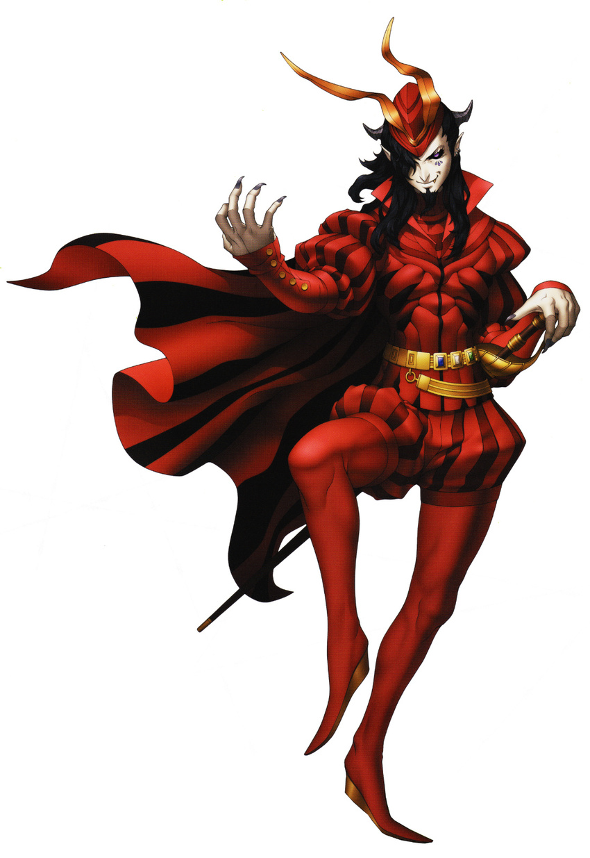 belt black_hair black_sclera cape commentary doi_masayuki facial_mark fang fang_out fingernails hair_over_one_eye highres jester long_hair male_focus mephisto_(megami_tensei) official_art pointy_shoes purple_eyes rapier scabbard sharp_fingernails sheath shin_megami_tensei shin_megami_tensei_iv shin_megami_tensei_iv_final shoes smirk solo standing standing_on_one_leg sword weapon white_skin
