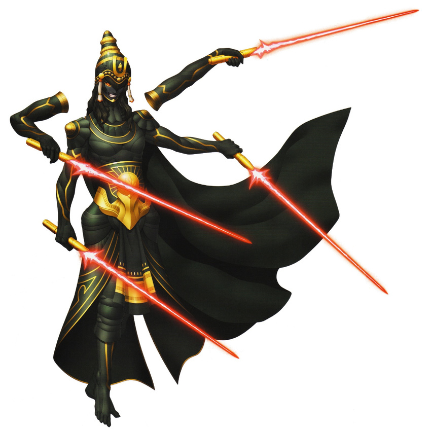 black_skin cape commentary detached_arm doi_masayuki energy_sword evil_grin evil_smile floating_hand flynn_(smt4) fusion grin highres krishna_(shin_megami_tensei_iv_final) lightsaber long_hair multiple_arms official_art quadruple_wielding red_eyes shin_megami_tensei shin_megami_tensei_iv shin_megami_tensei_iv_final smile spoilers sword vishnuflynn weapon