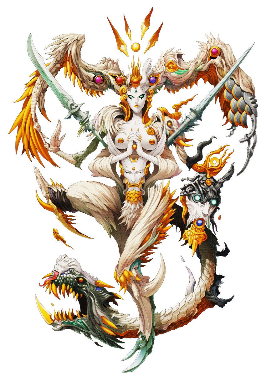 angel breasts closed_eyes commentary doi_masayuki feathers fingernails hands_together hermaphrodite highres large_breasts merkabah multiple_arms multiple_heads official_art sharp_fingernails shin_megami_tensei shin_megami_tensei_iv shin_megami_tensei_iv_final solo tail teeth tongue tongue_out wings