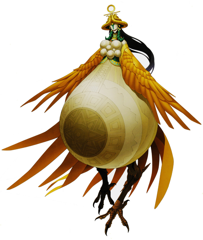 claws commentary doi_masayuki extra_breasts feathers green_hair hat highres inanna mask no_humans official_art pregnant shin_megami_tensei shin_megami_tensei_iv shin_megami_tensei_iv_final solo wings