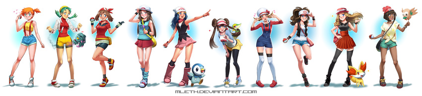 absurdres bandana beanie blue_(pokemon) crop_top crystal_(pokemon) cutoffs dark_skin fennekin gen_2_pokemon gen_4_pokemon gen_5_pokemon gen_6_pokemon gen_7_pokemon haruka_(pokemon) hat highres hikari_(pokemon) kasumi_(pokemon) kotone_(pokemon) long_image mathias_leth mei_(pokemon) midriff misdreavus mizuki_(pokemon) multiple_girls navel pantyhose poke_ball pokemon pokemon_(anime) pokemon_(classic_anime) pokemon_(creature) pokemon_(game) pokemon_bw pokemon_bw2 pokemon_dppt pokemon_frlg pokemon_gsc pokemon_hgss pokemon_rse pokemon_sm pokemon_xy prinplup rowlet serena_(pokemon) short_shorts shorts skirt snivy thighhighs touko_(pokemon) vs_seeker wide_image