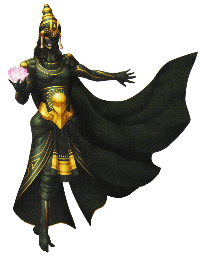 black_skin cape commentary doi_masayuki evil_grin evil_smile flower flynn_(smt4) fusion grin highres holding holding_flower krishna_(shin_megami_tensei_iv_final) long_hair lotus official_art outstretched_hand red_eyes shin_megami_tensei shin_megami_tensei_iv shin_megami_tensei_iv_final smile spoilers vishnuflynn