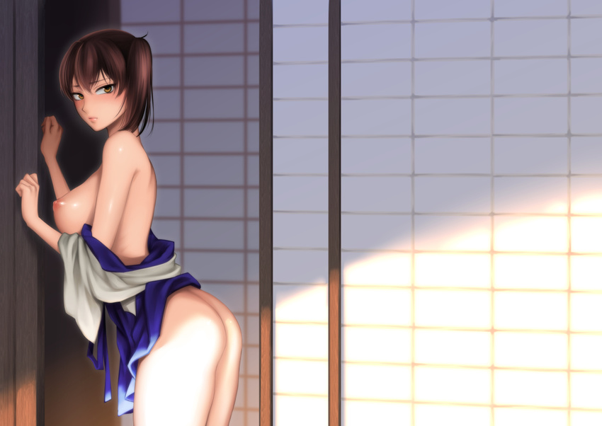 ass breasts brown_eyes brown_hair building japanese_clothes kaga_(kancolle) kantai_collection nipples no_bra nopan ponytail shade syoukaki