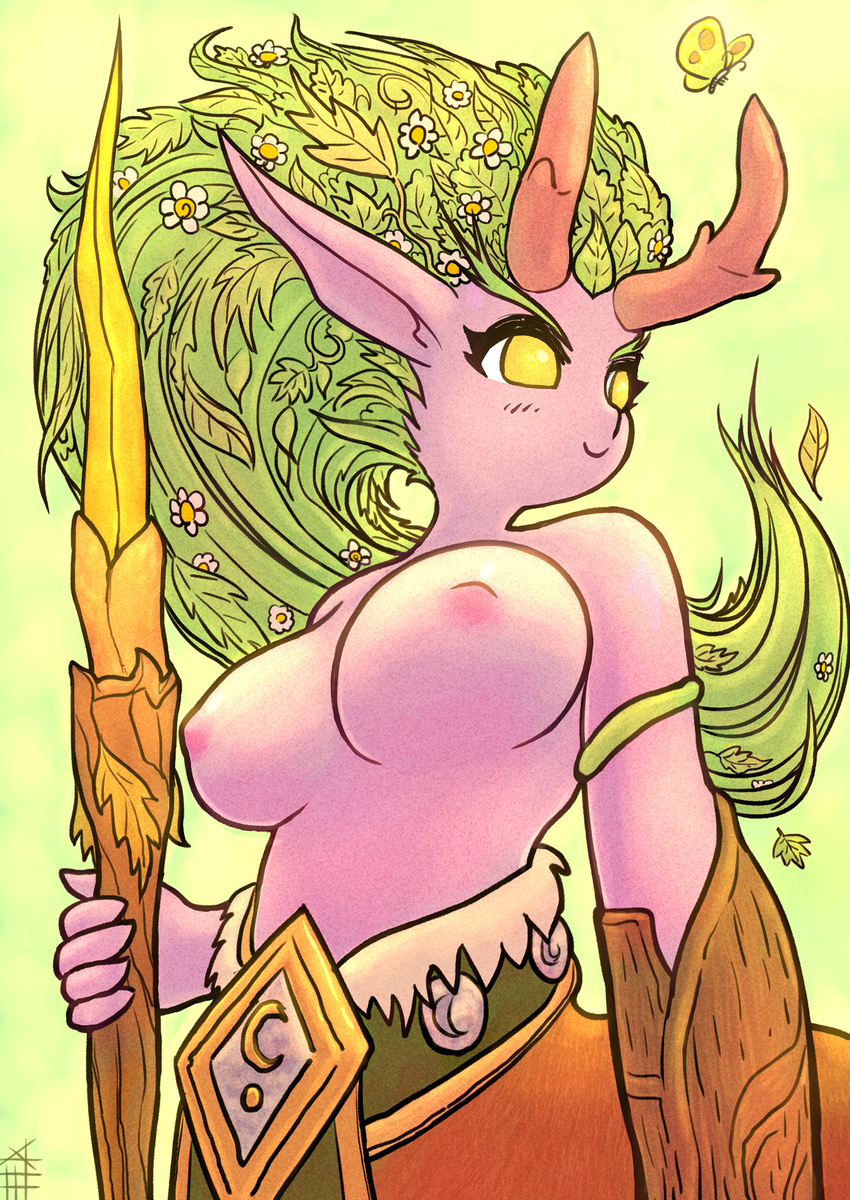 antlers arthropod blush breasts butterfly cervine deertaur female green_hair hair heroes_of_the_storm horn insect lunara_(character) mammal mesperal nude solo taur yellow_eyes