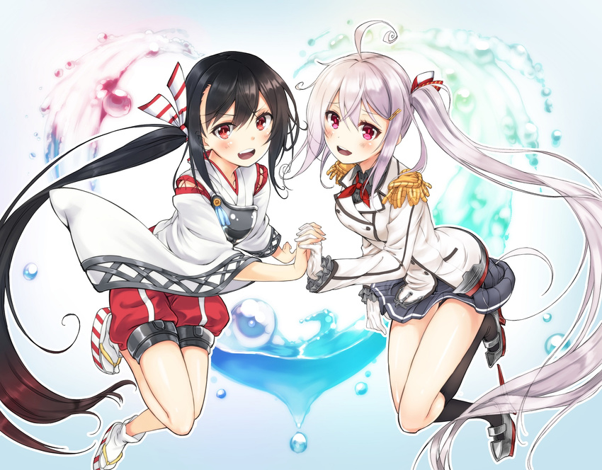 ahoge black_hair commentary_request cosplay epaulettes gloves hair_ribbon highres holding_hands japanese_clothes kantai_collection kashima_(kantai_collection) kashima_(kantai_collection)_(cosplay) long_hair looking_at_viewer military military_uniform multiple_girls muneate open_mouth original red_eyes ribbon setsuna_(miraichizu) shirono_mirai silver_hair uniform very_long_hair water white_gloves zero_(miraichizu) zuihou_(kantai_collection) zuihou_(kantai_collection)_(cosplay)