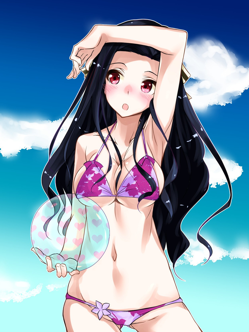 bikini black_hair breasts cameltoe cleavage detached_sleeves fukuyama_naoto highres large_breasts long_hair mahouka_koukou_no_rettousei navel red_eyes saegusa_mayumi see-through sideboob solo swimsuit underboob