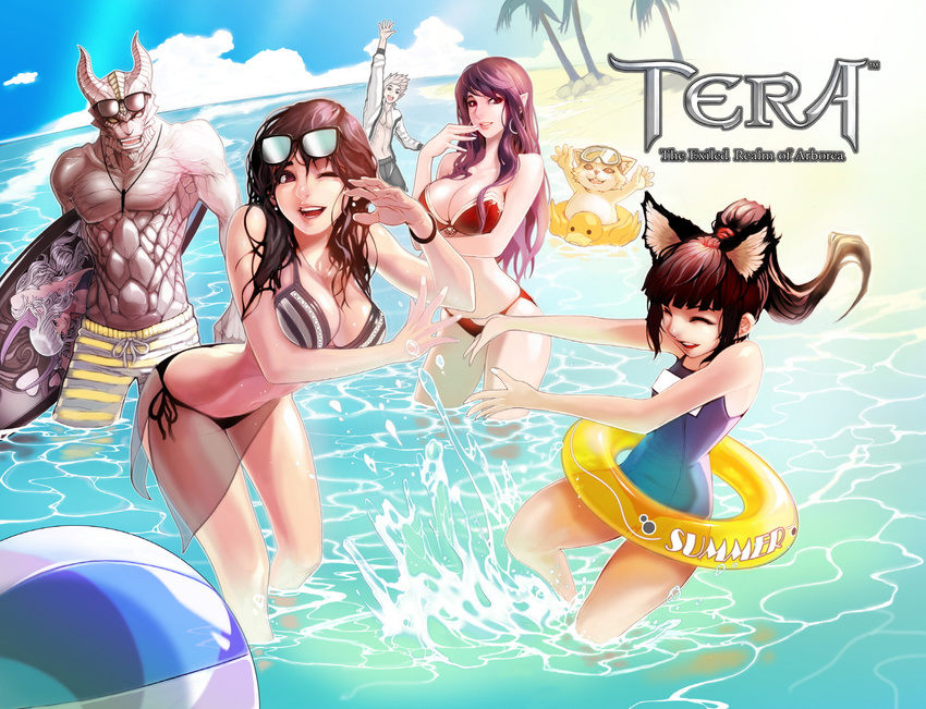 3girls aman animal_ears arm_up arms_up ball beach beachball bikini breasts brown_eyes brown_hair castanic_(tera) cat_ears cleavage closed_eyes cloud copyright_name day earrings elf elin_(tera) eyewear_on_head goggles grey_hair grey_skin high_elf highres horns innertube jewelry large_breasts leaning_forward long_hair multiple_boys multiple_girls no_tail ocean one-piece_swimsuit one_eye_closed open_clothes open_mouth open_shirt outdoors palm_tree pointy_ears ponytail popori school_swimsuit seon-ho shirt short_hair shorts side-tie_bikini sky smile splashing striped striped_bikini striped_shorts sunglasses surfboard swimsuit swimwear tera_online topless tree wading water waving