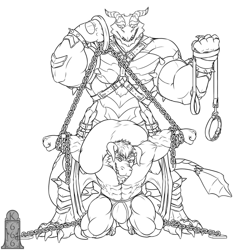 2016 anthro balls bdsm biceps big_balls big_bulge big_muscles big_penis bondage bound bulge chain clothing collar digital_media_(artwork) dragon duo harness huge_balls hyper hyper_balls hyper_penis kenshiki666 kobold male male/male muscular muscular_male pecs penis scalie simple_background size_difference smile standing straps underwear white_background wings