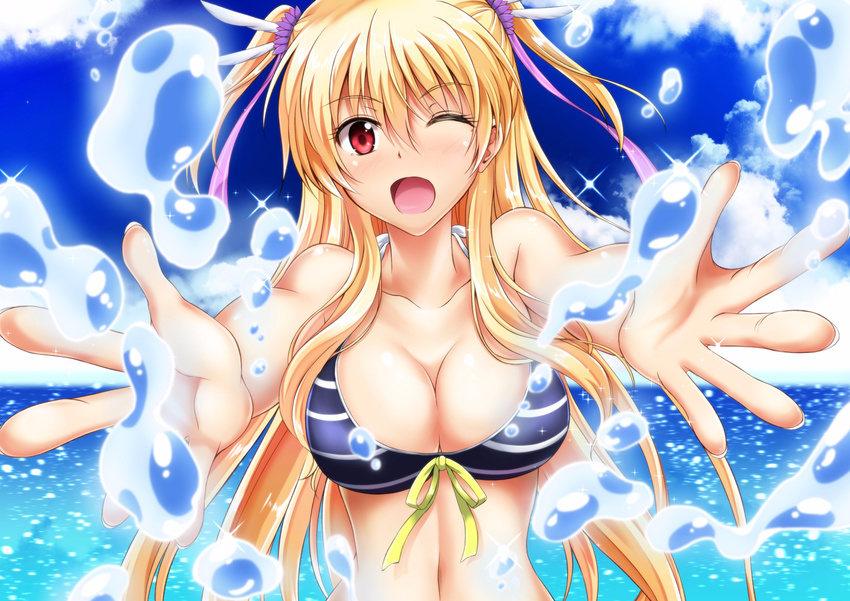 absurdres alisa_reinford bikini bikini_top blonde_hair blue_sky blush breasts cloud day eiyuu_densetsu eyebrows eyebrows_visible_through_hair front-tie_bikini front-tie_top hair_ornament hair_ribbon highres kagura_yuuto large_breasts long_hair looking_at_viewer ocean one_eye_closed open_mouth outstretched_arms outstretched_hand red_eyes ribbon sen_no_kiseki sky smile solo splashing striped striped_bikini swimsuit two_side_up upper_body water
