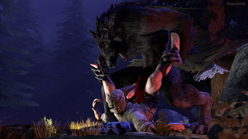 2016 3d_(artwork) balls canine clothed clothing digital_media_(artwork) duo erection greyrockel human humanoid_penis interracial joel lying male male/male mammal monster on_back partially_clothed penis realistic sex size_difference source_filmmaker the_last_of_us video_games were werewolf