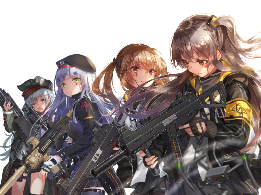 404_(girls_frontline) 4girls :3 absurdres assault_rifle bangs belt_pouch beret black_bow black_eyes black_gloves black_hat black_jacket black_legwear black_shorts black_skirt blurry_foreground bow brown_hair cowboy_shot cross_hair_ornament expressionless eyebrows_visible_through_hair eyes_closed facial_mark fingerless_gloves g11 g11_(girls_frontline) girls_frontline gloves green_eyes green_hat gun h&amp;k_ump hair_bow hair_ornament hairclip hand_up hat heckler_&amp;_koch highres hk416 hk416_(girls_frontline) holding holding_gun holding_weapon huge_filesize jacket leg_belt long_hair long_sleeves looking_at_another looking_at_viewer looking_down miniskirt multiple_girls one_side_up open_clothes open_jacket open_mouth orange_eyes plaid plaid_skirt pleated_skirt pouch purple_jacket red_eyes rifle sakura_honoka_(srhk0623) scar scar_across_eye shirt short_shorts shorts side-by-side sidelocks silver_hair simple_background skirt smile submachine_gun thighhighs twintails ump45_(girls_frontline) ump9_(girls_frontline) uneven_eyes v-shaped_eyebrows weapon white_background white_gloves white_hair white_shirt zettai_ryouiki