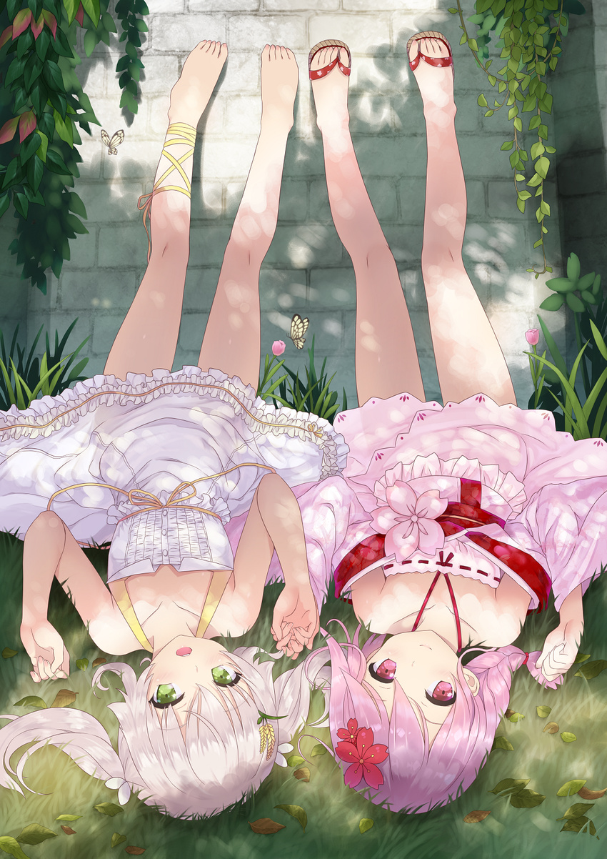 baimi_(dong-jin_rice-hime) bangs bare_legs bare_shoulders barefoot blush braid cait collarbone commentary_request dong-jin_rice-hime dress flower full_body grass green_eyes hair_flower hair_ornament hair_ribbon highres holding_hands japanese_clothes kimono legs_up long_hair looking_at_viewer lying multiple_girls on_back open_mouth pink_hair red_eyes ribbon sandals sergestid_shrimp_in_tungkang short_hair silver_hair single_braid smile suiji twintails white_dress xuan_ying