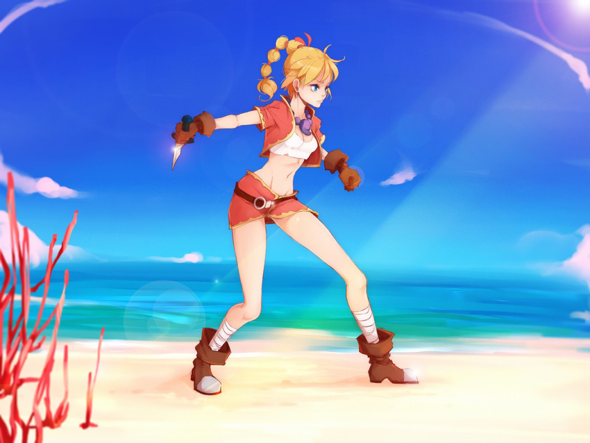 blonde_hair blue_eyes breasts chrono_cross dagger gloves high_ponytail highres jewelry kid_(chrono_cross) long_hair medium_breasts midriff multi-tied_hair necklace ponytail skirt solo sticky_(stickysheep) weapon