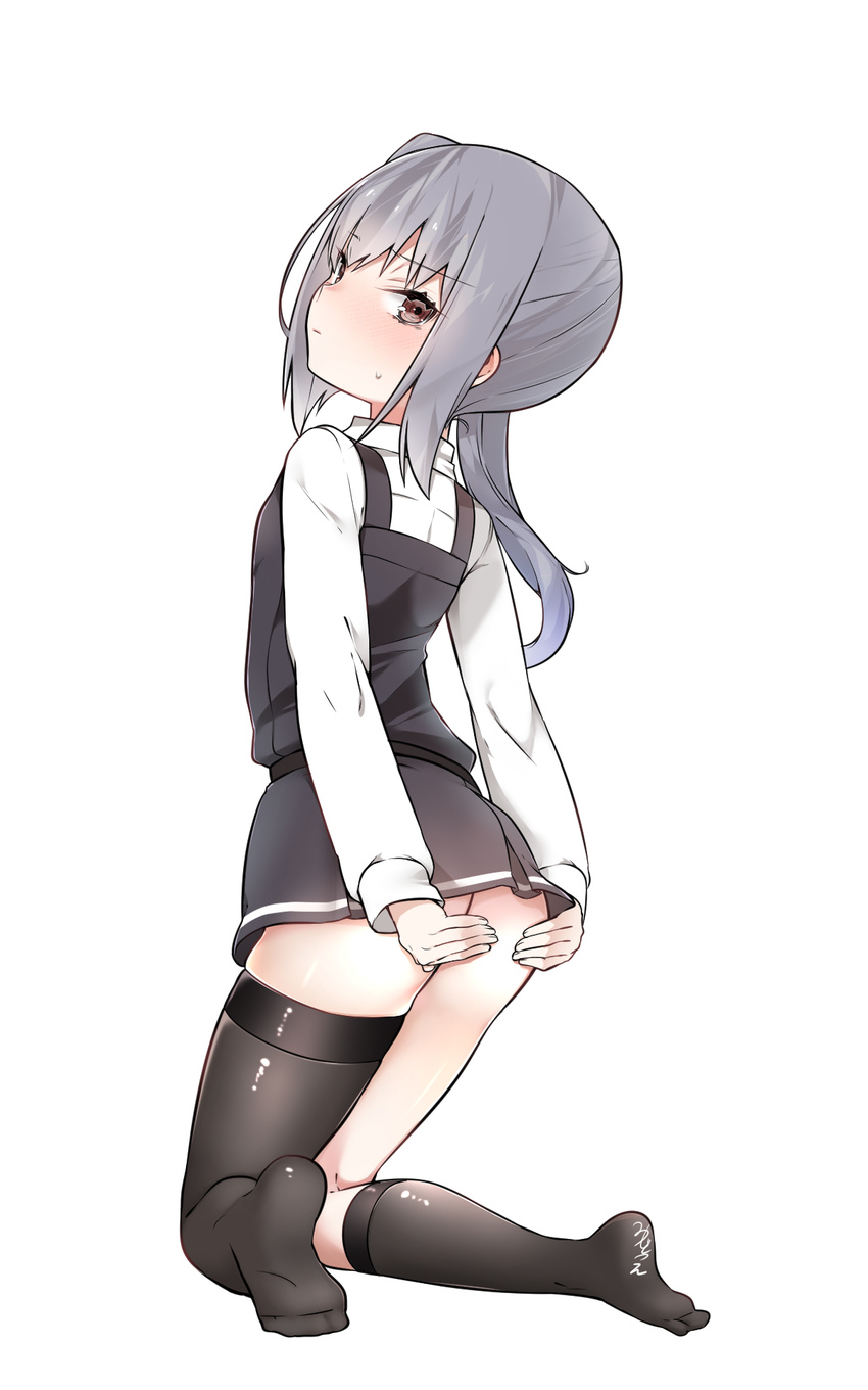 asymmetrical_legwear black_legwear blush brown_eyes covering covering_ass dress eyebrows eyebrows_visible_through_hair highres kantai_collection kasumi_(kantai_collection) kneehighs long_hair long_sleeves looking_at_viewer looking_back mitsudoue no_panties no_shoes pinafore_dress remodel_(kantai_collection) school_uniform shirt side_ponytail silver_hair simple_background solo white_background white_shirt