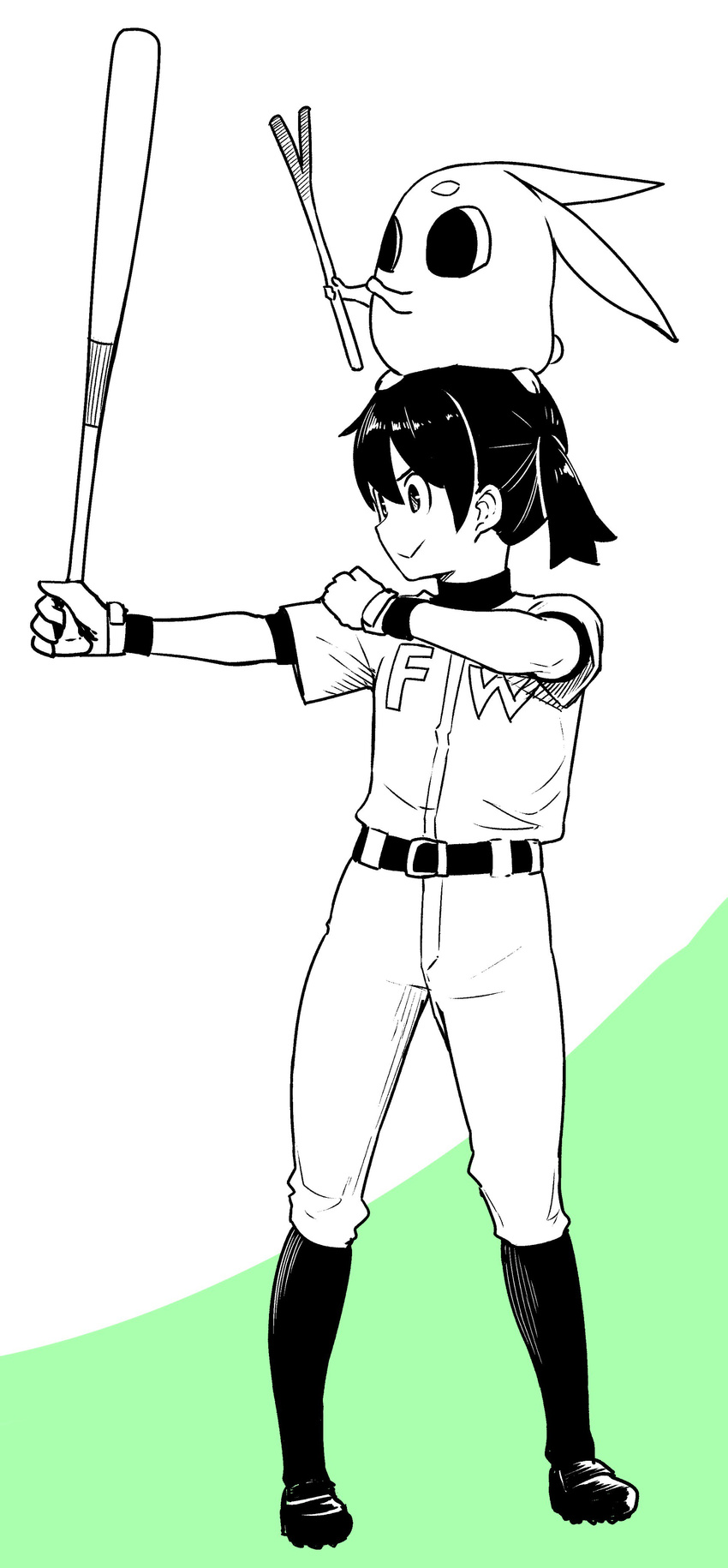 absurdres baseball baseball_bat baseball_uniform commentary flying_witch gloves hamabe_usagi hand_on_own_shoulder highres ishizuka_chihiro kuramoto_chinatsu official_art simple_background solo sportswear spring_onion suzuki_ichirou undershirt