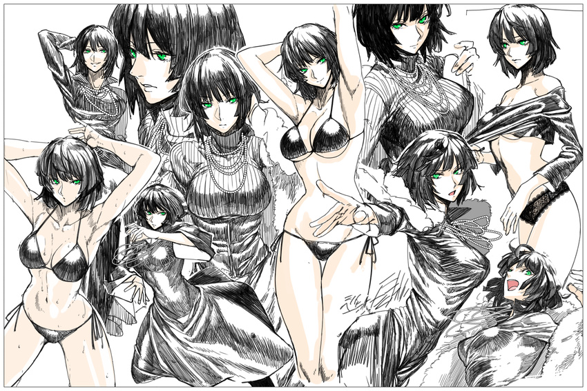 arm_behind_head armpits arms_behind_head banned_artist bare_shoulders bikini black_bikini black_dress black_hair breasts character_sheet cleavage coat dress fubuki_(one-punch_man) green_eyes grin jewelry large_breasts multiple_views navel necklace one-punch_man s_tanly smile sweater swimsuit wet