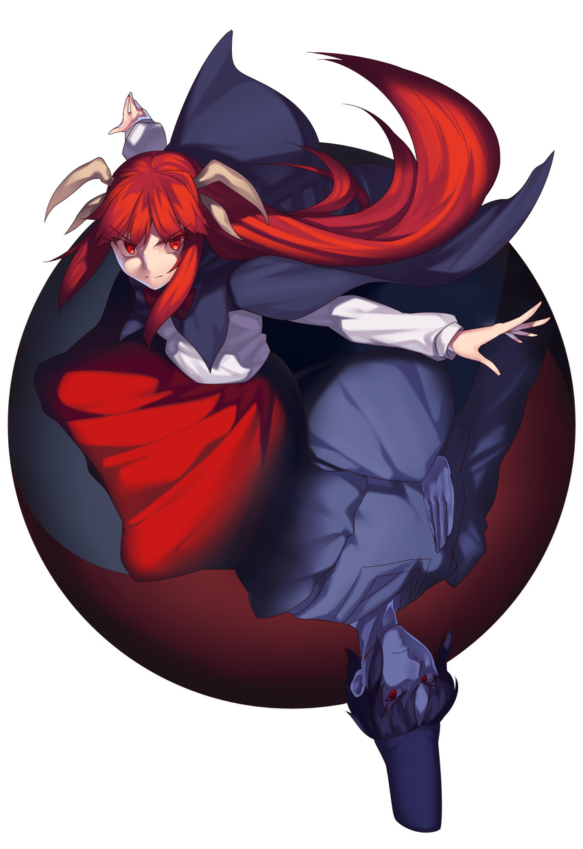 1girl absurdres bow cape closed_mouth hat highres horns kaiza_(rider000) long_hair long_sleeves multiple_persona outstretched_arms red_bow red_eyes red_hair red_skirt serious shingyoku shingyoku_(male) sidelocks simple_background skirt tate_eboshi touhou touhou_(pc-98) white_background