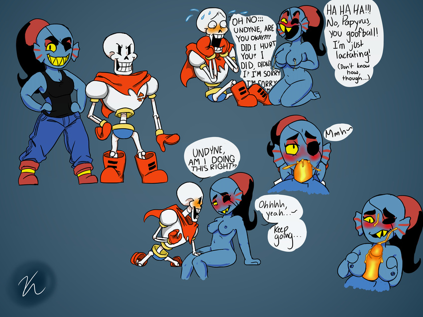 blush bone breasts colored_cum cum cum_on_face eye_patch eyewear fellatio female fish keno9988 lactating magic_penis male male/female marine milk oral papyrus_(undertale) penis sex skeleton titfuck undertale undyne unusual_cum video_games