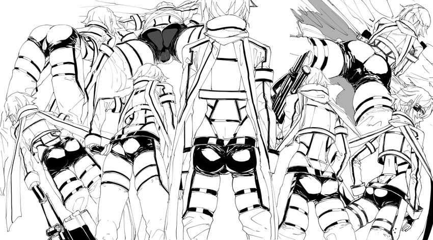 ass back banned_artist bent_over butt_crack character_sheet greyscale gun jacket looking_at_viewer lying monochrome multiple_views on_stomach rifle s_tanly scarf shorts simple_background sinon sniper_rifle sword_art_online thighhighs weapon white_background
