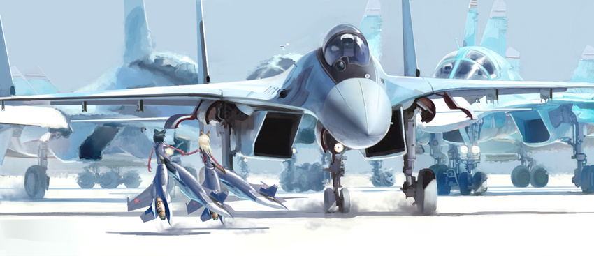 aircraft airplane animal_ears black_hair blonde_hair cockpit commentary_request fighter_jet heat_haze highres holding_hands jet jet_engine landing_gear military military_vehicle multiple_girls original pilot_helmet piloting runway shadow spirit_chiasma striker_unit su-30 su-34 tail world_witches_series