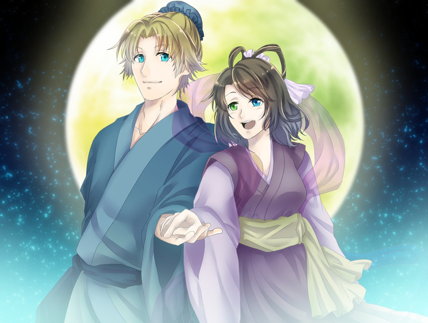 1girl 8134_ksrg blonde_hair blue_eyes brown_hair chinese_clothes cosplay couple final_fantasy final_fantasy_x hanfu hetero heterochromia hikoboshi hikoboshi_(cosplay) holding_hands orihime orihime_(cosplay) tidus yuna_(ff10)