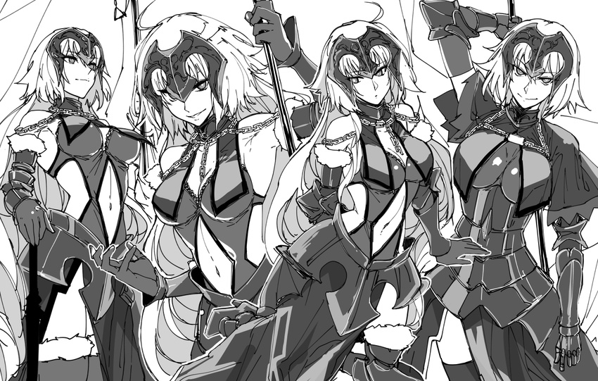 armor banned_artist bare_shoulders breasts chain character_sheet cleavage elbow_gloves fate/grand_order fate_(series) fur_trim gauntlets gloves greyscale helmet jeanne_d'arc_(alter)_(fate) jeanne_d'arc_(fate)_(all) large_breasts long_hair looking_at_viewer monochrome multiple_views navel s_tanly sheath sheathed short_hair simple_background sleeveless smile sword thighhighs weapon white_background