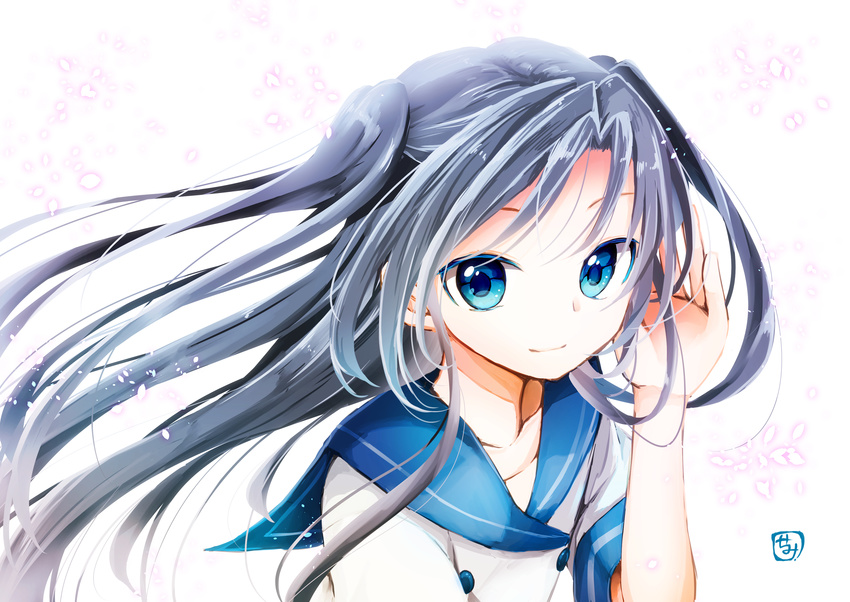 absurdres black_hair blue_eyes collarbone goma_(11zihisin) hand_in_hair highres long_hair original school_uniform serafuku shirt smile solo upper_body white_shirt