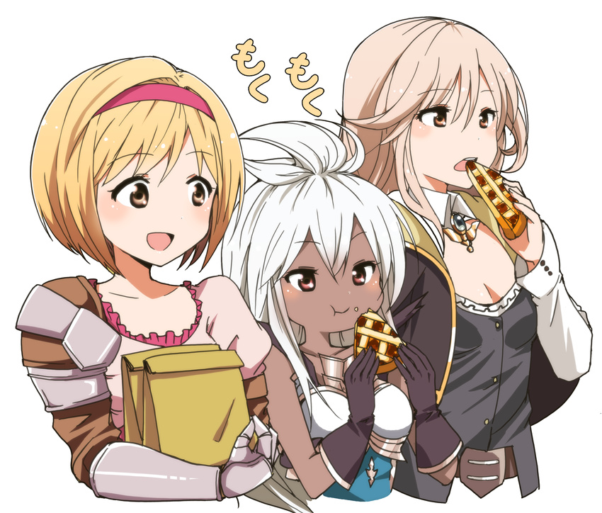 :d :t ahoge amira_(shingeki_no_bahamut) armor armored_dress bag bangs black_gloves blonde_hair blush breasts brown_hair buttons cleavage collarbone dark_skin detached_collar djeeta_(granblue_fantasy) dress eating eyebrows eyebrows_visible_through_hair fighter_(granblue_fantasy) food food_in_mouth food_on_face frilled_dress frills gauntlets girl_sandwich gloves granblue_fantasy hair_between_eyes hair_intakes hairband highres holding holding_food kidachi long_hair long_sleeves looking_at_another looking_to_the_side multiple_girls open_mouth orange_eyes paper_bag pie pink_dress pink_hair pink_hairband puffy_short_sleeves puffy_sleeves red_eyes red_hairband sandwiched shingeki_no_bahamut shingeki_no_bahamut:_genesis short_hair short_sleeves shoulder_pads simple_background small_breasts smile tareme upper_body white_background white_hair zooey_(granblue_fantasy)
