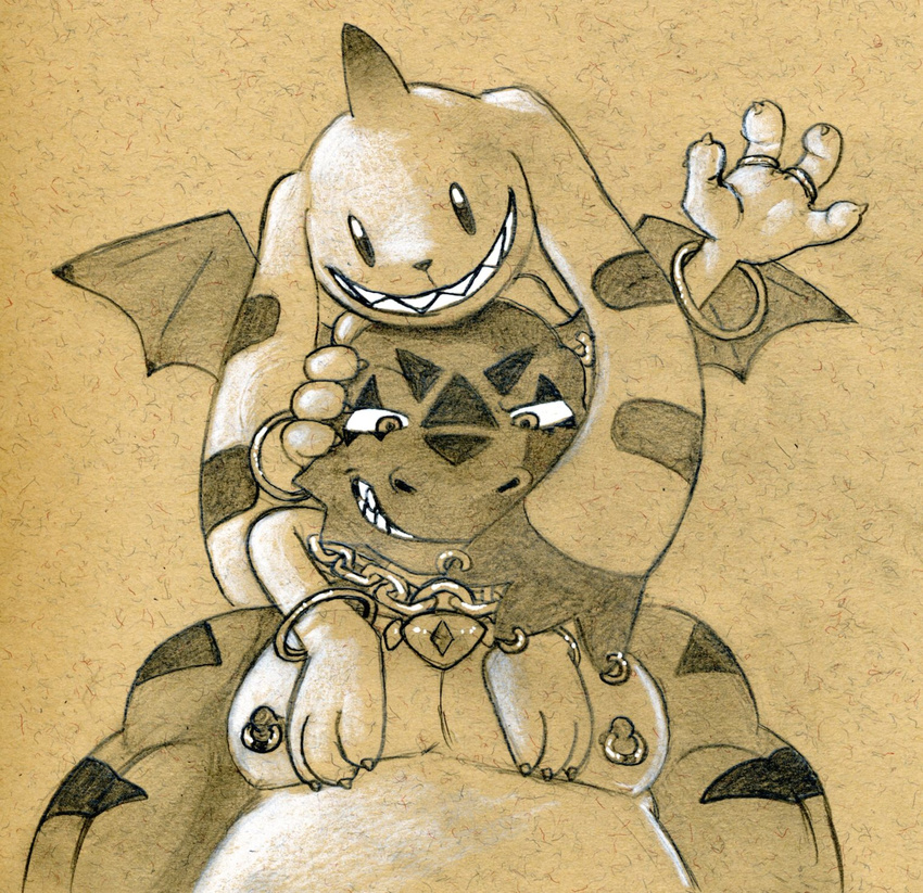 anklet anthro bracelet digimon duo felix_the_guilmon front_view greyscale grin guilmon jewelry looking_at_viewer male mammal monochrome necklace nipple_piercing nipples on_shoulders overweight overweight_male piercing scalie sharp_teeth teeth terriermon tush waving