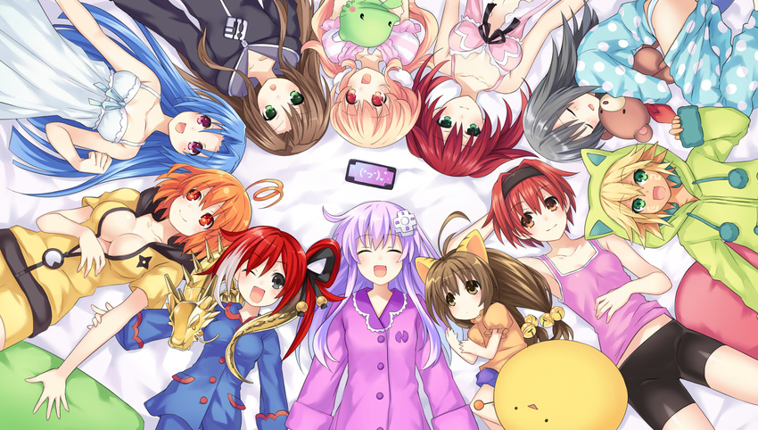 6+girls :d ;d ^_^ absurdres ahoge animal_ears bell bike_shorts blonde_hair bow breasts broccoli_(choujigen_game_neptune) brown_hair cave_(choujigen_game_neptune) circle_formation cleavage closed_eyes compa cyberconnect2_(choujigen_game_neptune) d-pad d-pad_hair_ornament eighth_note falcom_(choujigen_game_neptune) game_cg gema green_eyes hair_bow hair_ornament hairband highres if_(choujigen_game_neptune) long_hair lying marvelousaql_(choujigen_game_neptune) medium_breasts multiple_girls musical_note musical_note-shaped_pupils nepgear neptune_(series) official_art on_back one_eye_closed open_mouth orange_hair pajamas panties purple_eyes purple_hair red_(choujigen_game_neptune) red_eyes red_hair short_hair small_breasts smile striped striped_panties symbol-shaped_pupils tekken_(choujigen_game_neptune) tsunako twintails underwear