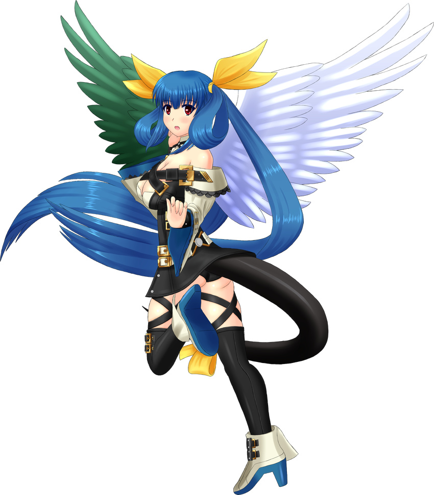 1girl arc_system_works ass asymmetrical_wings bare_shoulders black_legwear blue_hair blush boots breasts cleavage detached_sleeves dizzy from_behind full_body guilty_gear guilty_gear_x guilty_gear_xrd guilty_gear_xrd:_revelator hair_ribbon large_breasts long_hair looking_at_viewer open_mouth panties parted_lips red_eyes ribbon shiny shiny_hair shiny_skin sideboob solo tail tail_ribbon thighhighs transparent_background twintails very_long_hair wings wiz_(shadow)