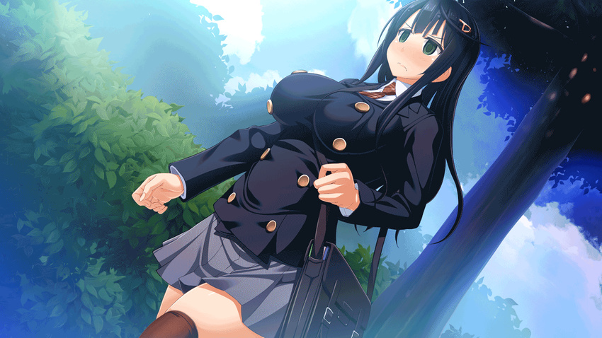 1girl animated bag black_hair blood blush breasts censored cum green_eyes hair_ornament kanzen_jikan_teishi_muriyari_jikan_o_todomerareta_sekai_de_hamerareru_ large_breasts long_hair onna_tachi public rape school_uniform schoolgirl solo standing tanline thighhighs thighs time_stop virgin