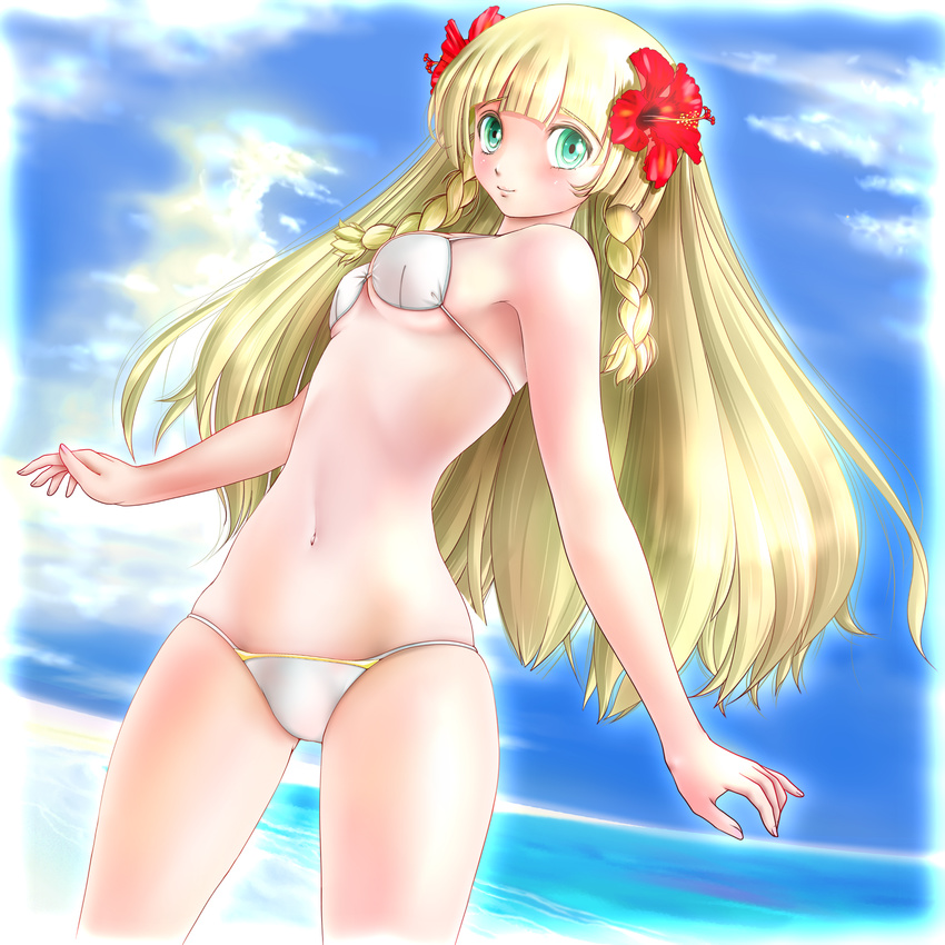 1girl bikini blonde_hair blush breasts female lillie_(pokemon) miharin nintendo pokemon pokemon_sm solo
