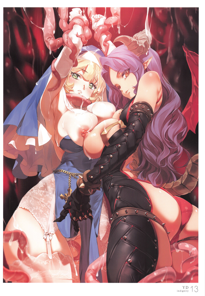 2girls absurdres armpits asymmetrical_docking bare_shoulders black_gloves blonde_hair blush breasts breasts_outside cross demon_girl demon_horns elbow_gloves garter_belt garter_straps gluteal_fold green_eyes habit horns lace lace-trimmed_thighhighs large_breasts long_hair looking_at_viewer looking_back multiple_girls nipples no_bra nun original panties pointy_ears purple_hair scan sister_mary skindentation slit_pupils succubus succubus_paum sweat tail tentacle thigh_strap thighhighs white_gloves white_legwear wings yang-do yuri zipper