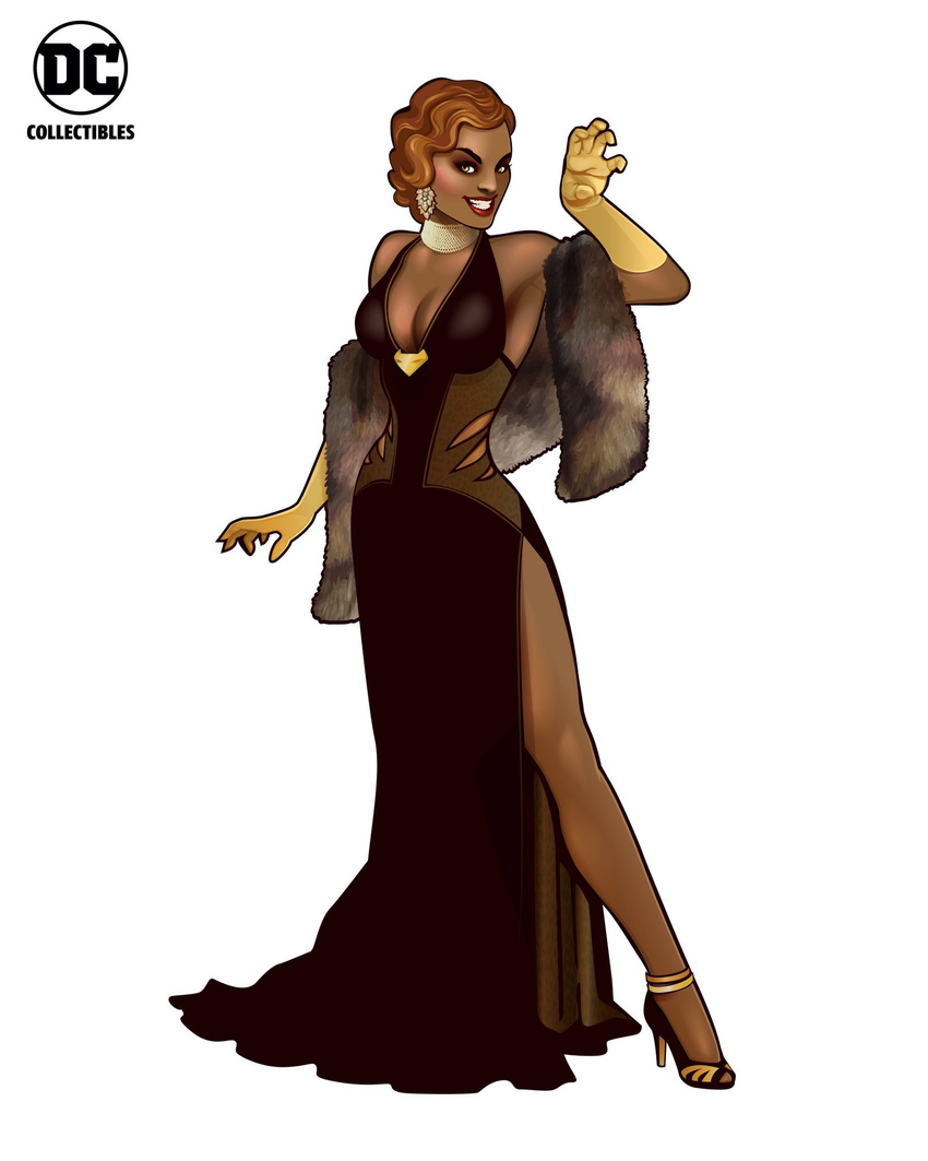 1girl black_dress choker cleavage copyright_name dark_skin dc_comics dress earrings eyeshadow formal full_body gloves halter_neck high_heels jewelry lipstick make-up mari_jiwe_mccabe shawl side_slit simple_background solo standing teeth vixen_(dc) yellow_gloves